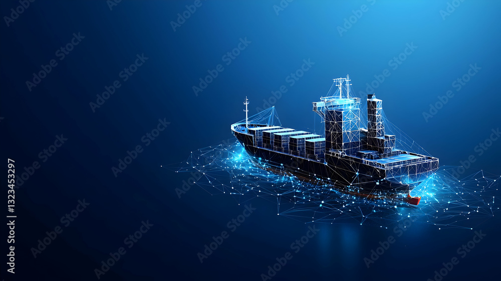Poster abstract digital representation of a cargo ship in blue tones with illuminated points and lines