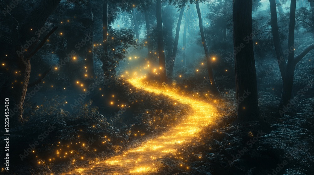 Poster a mystical glowing forest path leading to an unknown destination