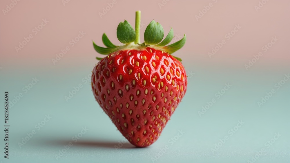 Poster vibrant red strawberry centered against a soft pastel pink background with a hint of turquoise shado