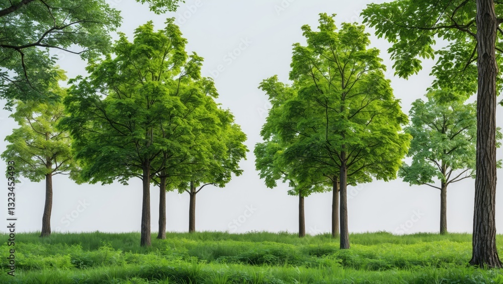 Poster lush green trees with vibrant foliage in a natural forest setting against a light background, featur
