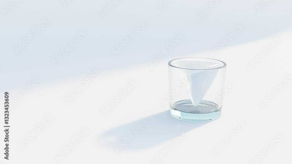 Poster abstract 3d animation of pyramid-shaped ice cube rotating in a transparent glass – realistic beverag