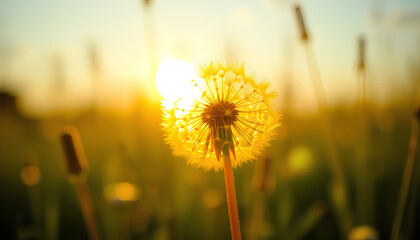 Golden dandelion in a sunlit meadow, glowing against a soft bokeh background, with tiny seeds catching the morning light