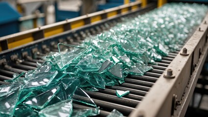 Glass shards in shades of green cascading down a conveyor belt into a heap at a recycling facility with ample copyspace for text integration