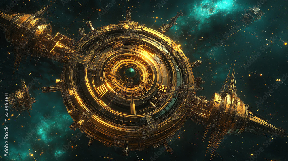 Poster A mysterious celestial clockwork with orbiting golden gears