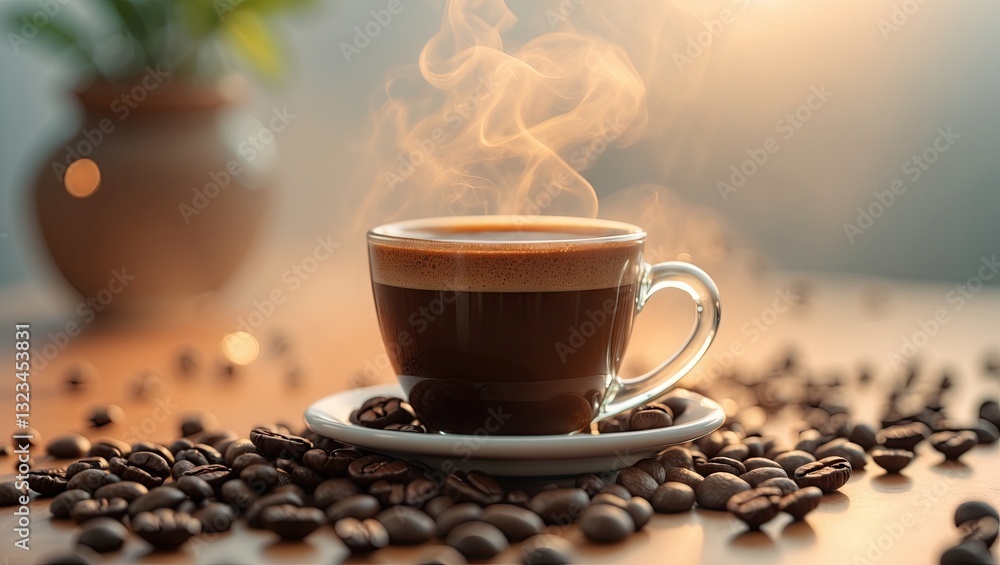 Poster Steaming espresso cup on a wooden table surrounded by coffee beans with soft morning light creating a warm ambiance and ample copy space.