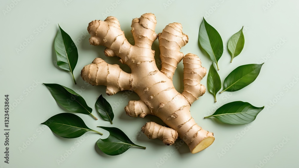 Poster ginger root surrounded by dark green leaves on a soft pastel green background with a clean compositi