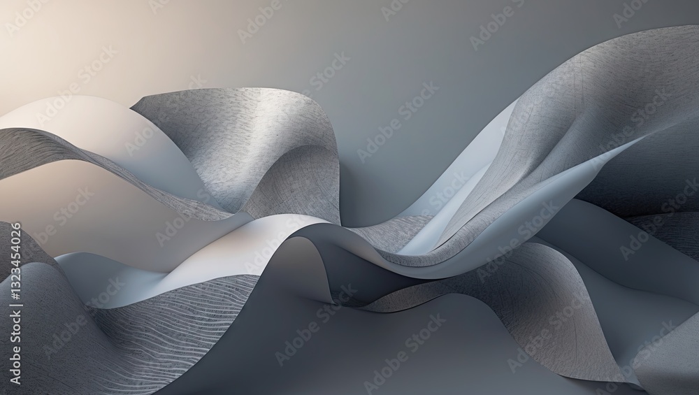 Poster soft flowing grey fabric with a smooth gradient texture, undulating waves create a serene backdrop i