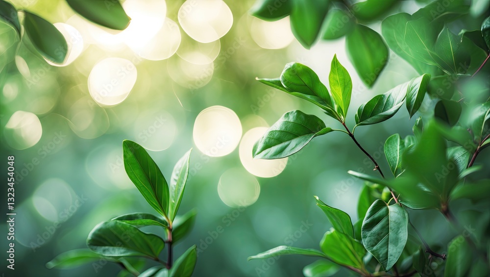 Leinwandbilder blurred green leaves with soft light bokeh creating an abstract backdrop showcasing vibrant green hu