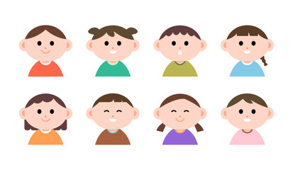 A set of cartoon style cute children face illustration. Happy kids are smiling. Isolated flat vector clip art on white background.
