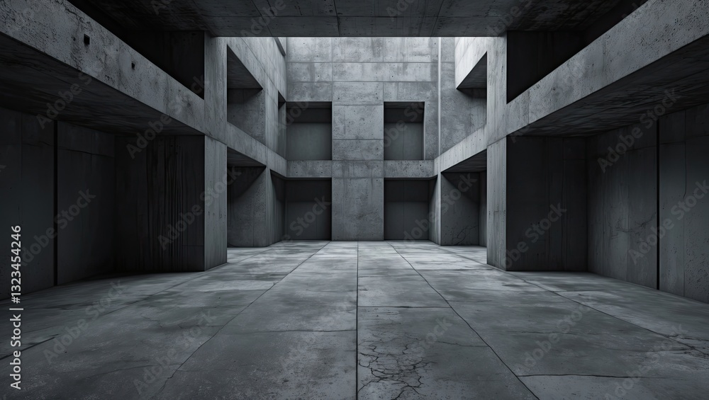 Poster dark concrete interior space featuring empty walls and open architecture, with shadows cascading fro