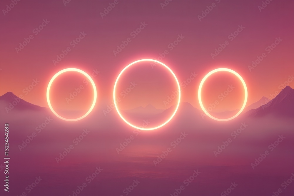 Poster three glowing neon circles hover over a misty mountain range at sunset, creating a surreal and ether