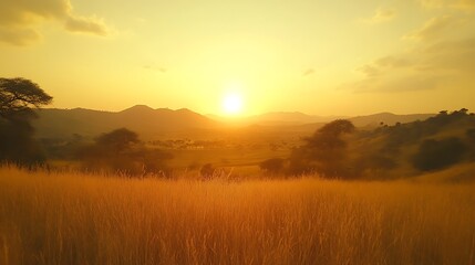 Golden Sunset Over African Savanna Grassland Hills