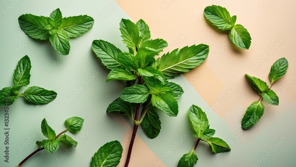 Poster fresh green mint leaves arranged on a pastel green and beige background with various leaf sizes crea