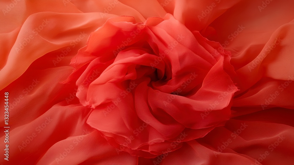 Poster close up of coral and peach colored fabric arranged in a swirling pattern. the texture is soft and s