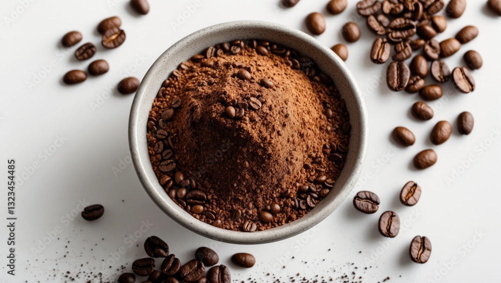 Poster Ground coffee and whole coffee beans in a gray bowl on a white background with scattered beans around creating ample copy space for design.
