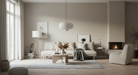 Fototapeta premium Serene living room subtly lit warm natural light airy minimalist design. AI Generated
