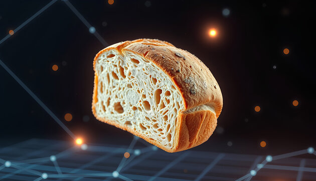 Hyper-realistic loaf of sourdough bread, floating in mid-air, surrounded by digital grid lines and glowing wireframe elements - Powered by Adobe