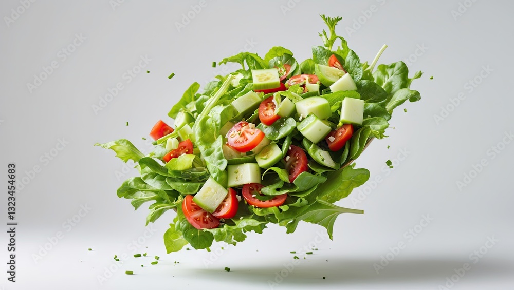 Poster vibrant flying salad featuring crisp green lettuce, cherry tomatoes, and cucumber cubes, set against