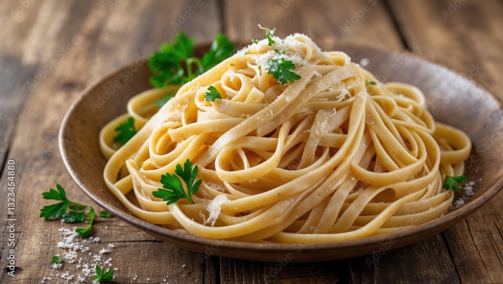 Poster fettuccine pasta styled elegantly on a rustic wooden table with fresh parsley and grated cheese, sof