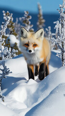 Obraz premium Red Fox Explores a Snowy Landscape in Winter With Frosty Trees in the Background