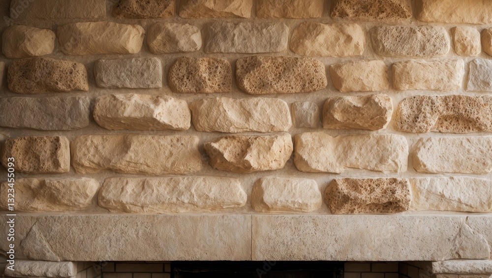 Poster textured stone fireplace wall with warm beige tones and natural variations, featuring large irregula