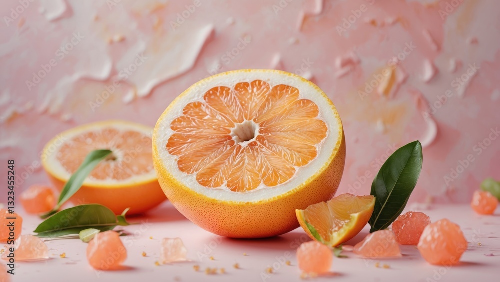 Poster pastel grapefruit slice on soft pink backdrop with green leaves and vibrant fruit segments arranged 