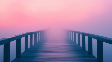 Obraz premium A misty bridge stretching endlessly into a soft pink sunrise