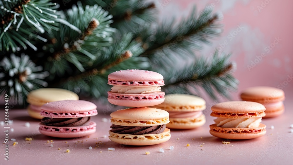 Aufkleber pastel macarons arranged in a tower with chocolate filling against a soft pink backdrop and decorate