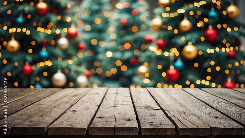 Poster wooden table in foreground with blurred colorful bokeh christmas tree background featuring green, re