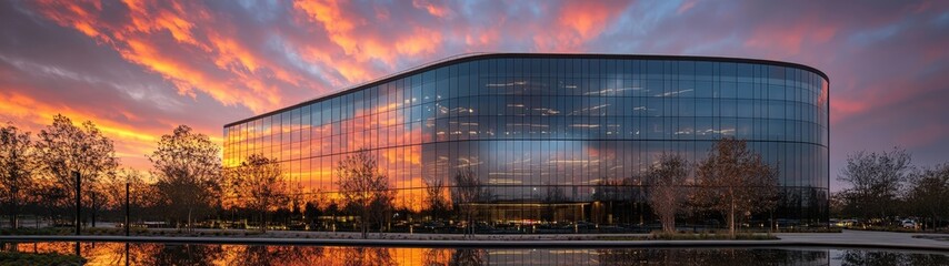 Modern building reflecting a vibrant sunset.