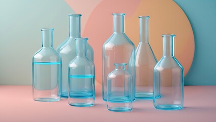 Clear glass pharmaceutical flasks arranged upright in various sizes on a pastel pink and blue background featuring circular shapes.