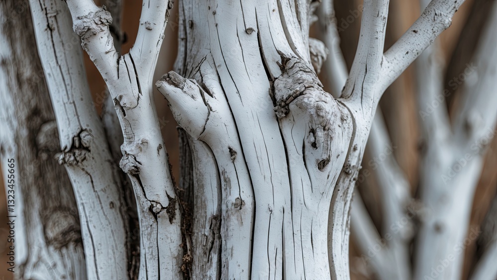 Poster aged white tree bark texture with intricate details and subtle grey shadows set against a soft blurr