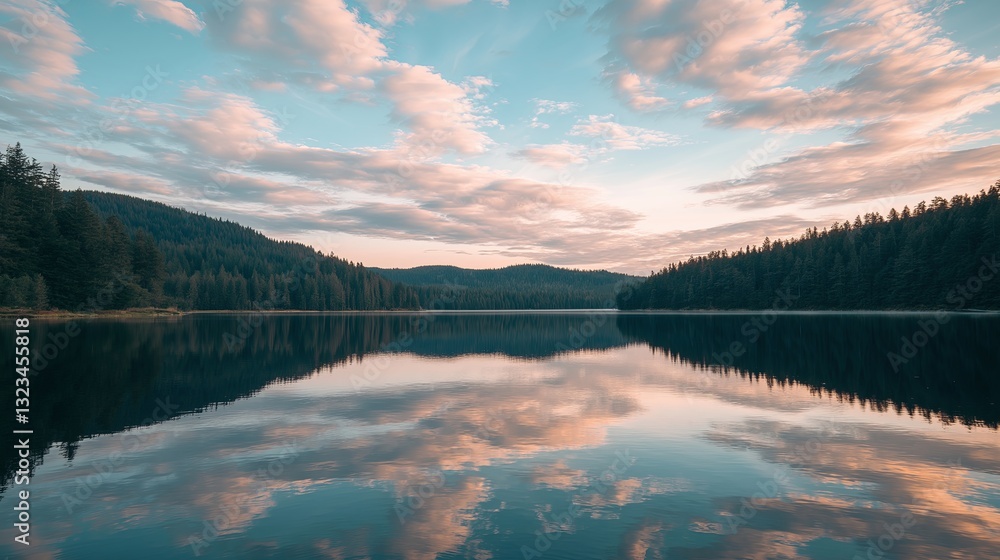 Poster a mirror-like lake reflecting a sky full of soft pink clouds