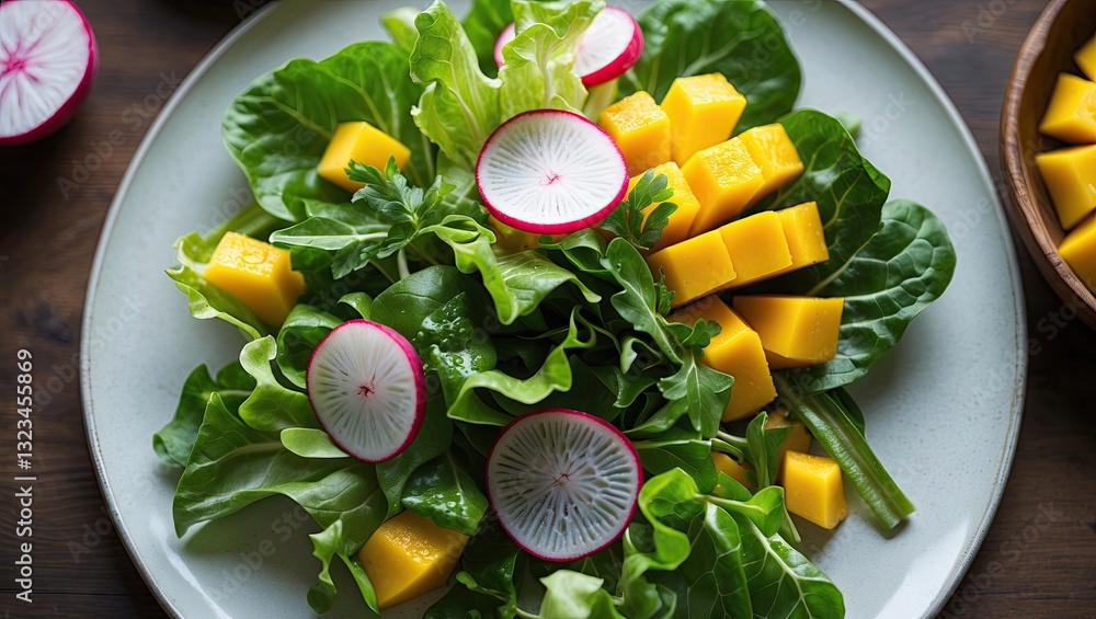 Poster vibrant green salad with radish and mango on a white plate against a dark wooden background. close-u