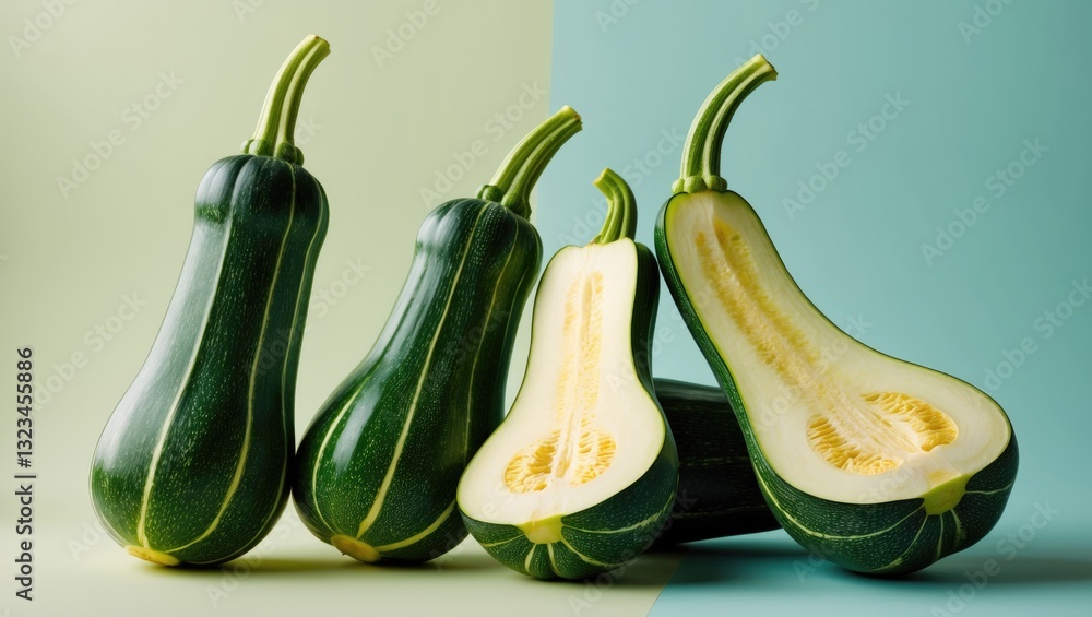 Poster fresh green squash displayed on a soft pastel blue and green background with three whole squashes an