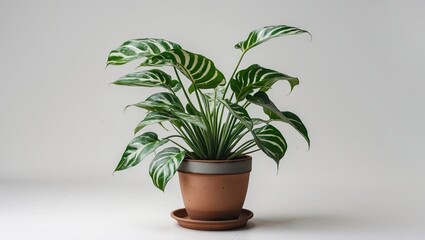 Obraz premium Green house plant with decorative striped leaves in a brown terracotta pot on a light gray background creating a serene indoor atmosphere.
