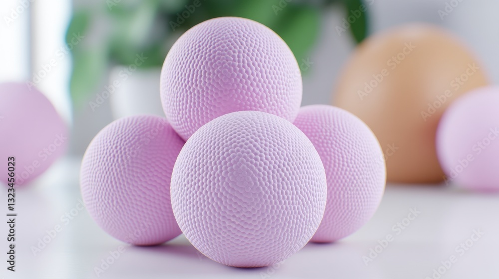 Aufkleber close up view of four textured lavender spheres arranged in a pyramid shape on a white surface, with