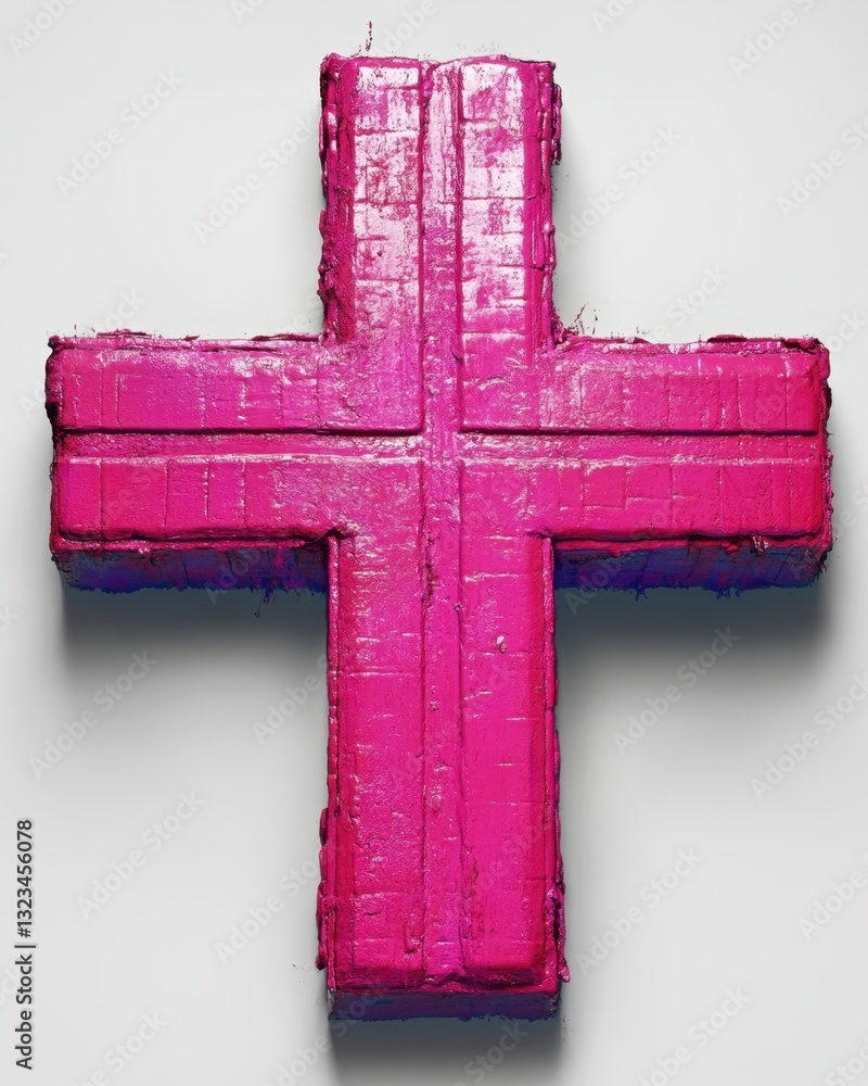Poster pink cross shaped object with a textured surface against a white background. studio shot with even l