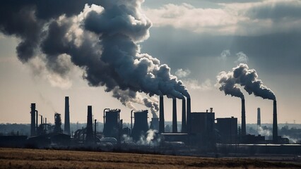 Monochrome industrial landscape featuring smoking chimneys against a hazy sky, showcasing pollution, environmental issues, and the impact of industry on climate change