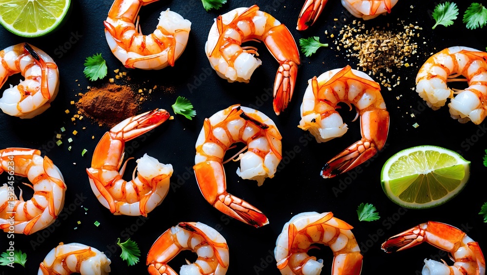 Poster Grilled tiger shrimp garnished with lime and spices on a black backdrop. Top view with vibrant colors and ample space for text.