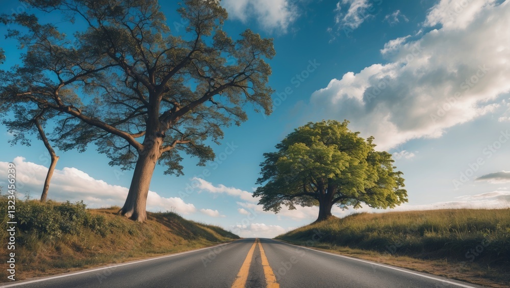 Aufkleber Wide open road with dual trees on each side under vibrant blue sky with fluffy clouds, ample copyspace for text or design elements.