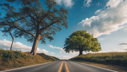 Fototapeta premium Wide open road with dual trees on each side under vibrant blue sky with fluffy clouds, ample copyspace for text or design elements.