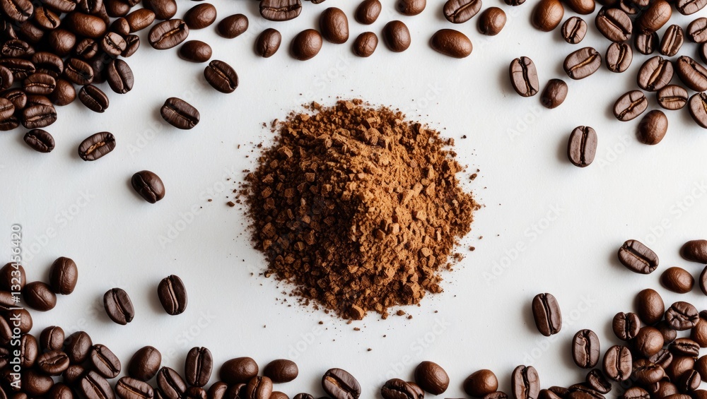 Leinwandbilder ground coffee in the center surrounded by scattered coffee beans on a white background with ample ne