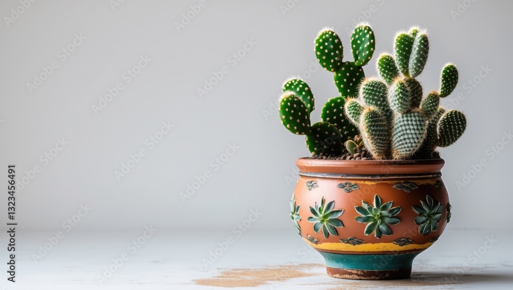 Poster colorful clay pot with detailed patterns holds vibrant green succulents and cacti positioned on the 