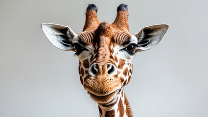 Curious giraffe face with a playful expression, tan and brown spots prominently displayed, centered against a pale gray background.