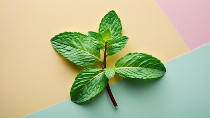 Fresh mint leaves positioned centrally on a pastel yellow and green background with a hint of pink in the top right corner, ideal for food presentations.