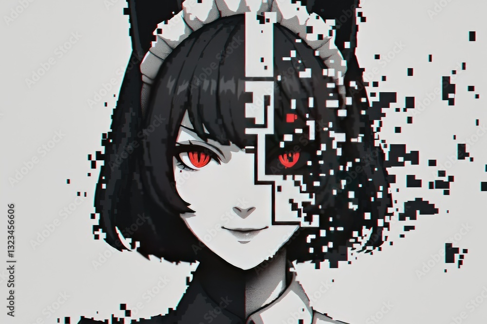 Poster pixelated persona: a striking digital artwork of a character split in half, one side a pristine port