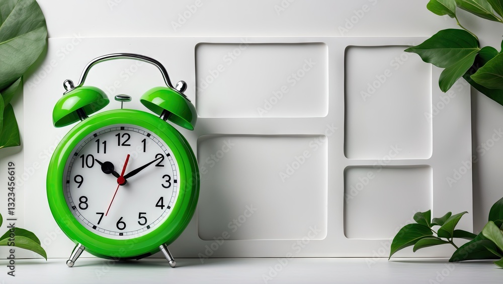 Aufkleber Green alarm clock positioned on the right side against a white background with empty text areas, framed by lush green leaves for a fresh look.