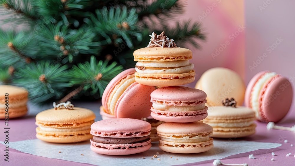 Poster pastel macarons assorted in pink beige and brown arranged creatively with fir tree branches in backg