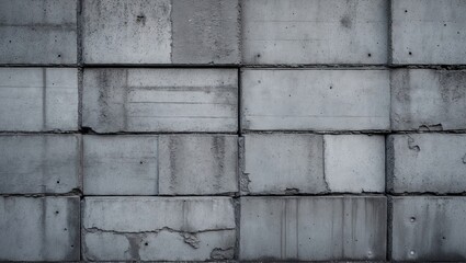 Gray concrete wall texture with uneven blocks in various shades of gray showcasing surface imperfections, arranged in a horizontal format.
